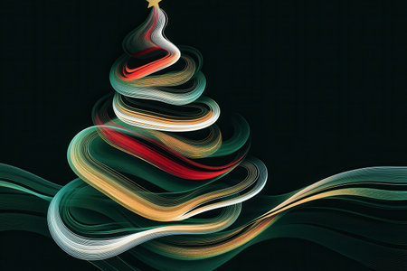 Intricate, intertwined lines form the silhouette of a Christmas tree, showcasing artistic flair in festive colors for the holiday season.の素材