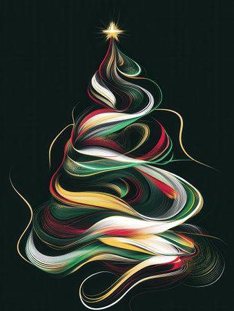 Colorful, intertwined lines create a striking silhouette of a Christmas tree against a dark background, evoking holiday spirit.の素材