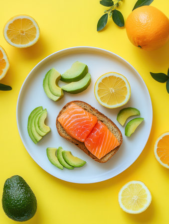 A healthy breakfast features avocado toast topped with cucumber, slices of salmon, and an assortment of fresh citrus on a sunny backdrop. Generative AIの素材