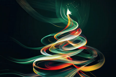 Colorful, swirling lines form the silhouette of a Christmas tree, embodying the festive spirit with a star atop in a dark setting.の素材