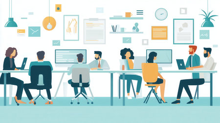 A group of people collaborates at desks with computers in an open office space, actively engaged in their work tasks.の素材