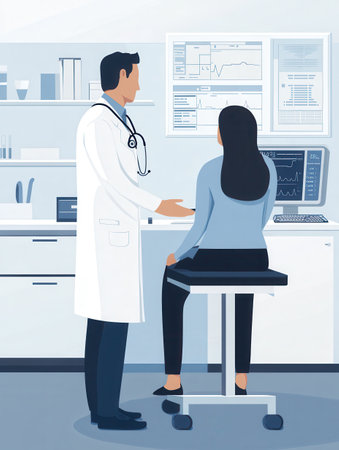 A doctor in a white lab coat attentively examines a patient using a stethoscope in a modern, well-equipped clinic room.の素材
