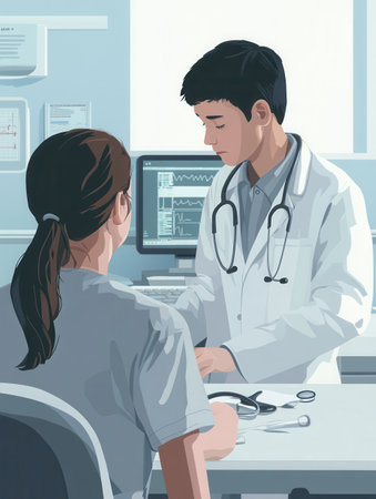 A doctor in a white lab coat is carefully examining a patient in a clean, modern clinic room, using a stethoscope for a check-up.の素材