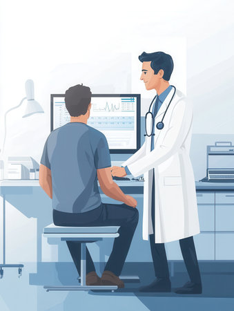 A doctor attentively checks a patient's condition in a modern clinic using a stethoscope and assessing digital health data.の素材