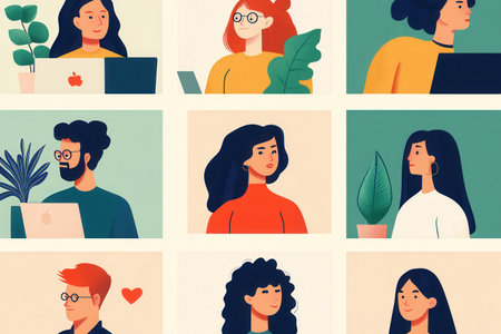 A group of different individuals focused on computer work surrounded by plants and colorful backgrounds, showing their unique styles.の素材