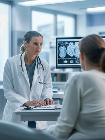 A dedicated doctor attentively checks a patient's health using a stethoscope in a modern, well-equipped clinic environment.の素材