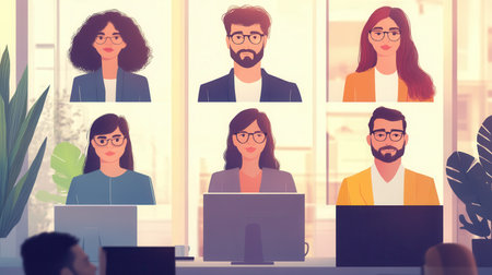 Groups of diverse individuals participate in remote collaboration at computer desks in a bright workspace, emphasizing teamwork and technology.の素材