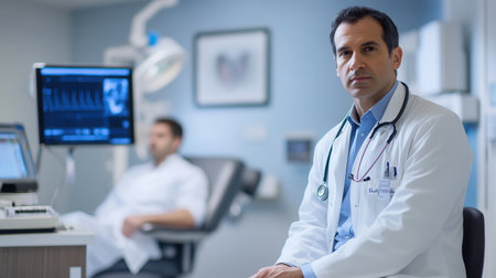 A caring doctor in a white lab coat uses a stethoscope to examine a patient in a clean, modern clinic setting.の素材