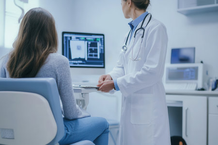 A doctor in a lab coat attentively evaluates a patient while using a stethoscope in a clean clinic environment.の素材