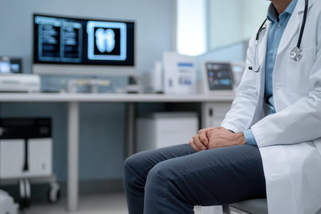 A doctor in a white lab coat attentively examines a patient in a clean clinic, utilizing a stethoscope for a thorough check-up.の素材