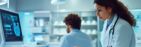 A doctor attentively examines a patient in a clean clinic room, utilizing a stethoscope to assess health and well-being.の素材