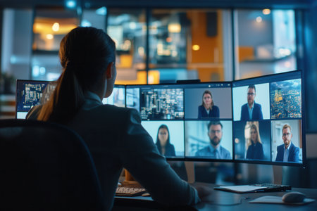 A group of professionals engages in a virtual meeting from a contemporary office setting, focused on various screens of participants.の素材