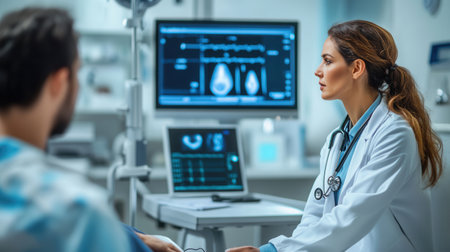 A doctor attentively examines a patient in a clean clinic room, using a stethoscope and providing quality care during a routine visit.の素材