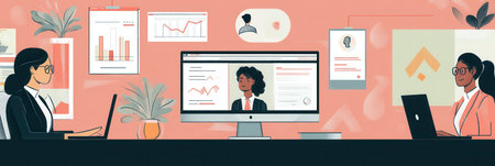 Three professionals engage with their computers, sharing insights in a vibrant office filled with charts and plants.の素材