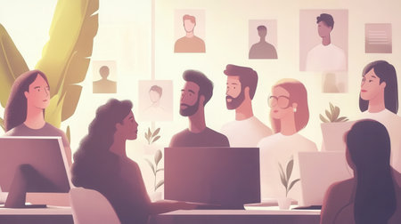 A diverse group gathers around their computers, engaged in discussion and collaboration in a bright, modern office environment.の素材