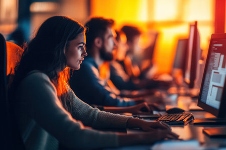 Individuals concentrate on their computer screens, illuminated by warm light in a busy office environment during evening hours.の素材