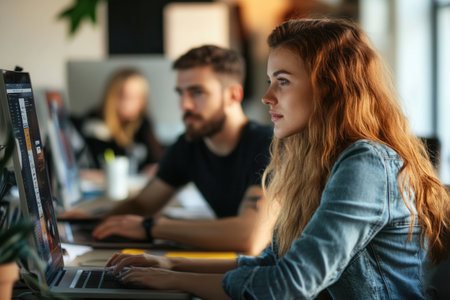 A focused group collaborates in a contemporary workspace, engaging with computer tasks and sharing ideas throughout the day.の素材