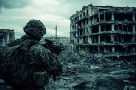 A soldier stands alert amidst the ruble of a destroyed city, surveying the devastation that highlights the impact of war and conflict.の素材