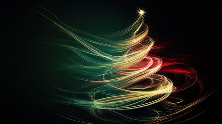 Colorful, intertwined lines form the silhouette of a Christmas tree, emanating a festive aura against a dark background.の素材