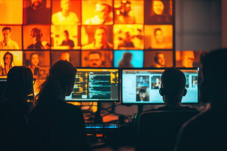 A group of individuals engages with multiple computer screens, showing vibrant visuals and collaborating effectively in a workspace.の素材
