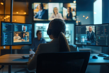 A group of individuals focuses on their computer screens while collaborating in a contemporary office environment during the day.の素材