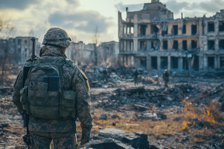 Amidst the ruins of a city, soldiers assess the damage, highlighting the stark reality of war and its impact on urban landscapes.の素材