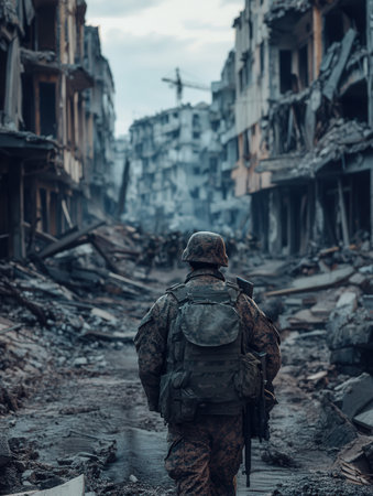 A soldier walks cautiously amid crumbling buildings, highlighting the aftermath of conflict in a war-torn environment.の素材