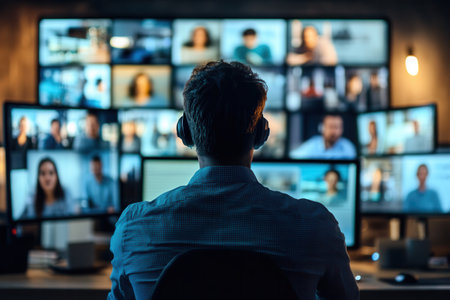 A group of individuals appears on various computer screens as one person participates in an engaging virtual meeting.の素材