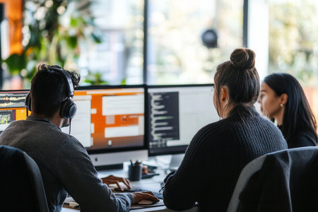A group of three individuals focus intently on their computer screens while collaborating in a bright, contemporary workspace.の素材