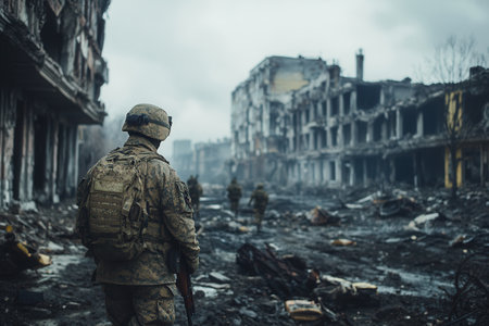 Troops cautiously through a war-ravaged urban area, surrounded by the remnants of buildings and signs of destruction.の素材