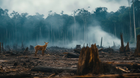 A lone deer stands in recently cleared land, surrounded by the remnants of trees and smoke, highlighting species loss and extinction.の素材