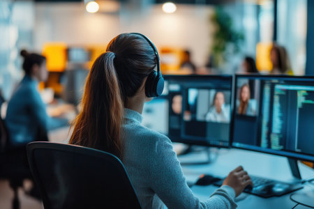 A group of individuals focuses on their computer screens while collaborating in a contemporary office setup, engaged in various tasks.の素材