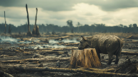 The forest clears as rare animals confront their threat in a shrinking environment, highlighting the urgent need for conservation.の素材