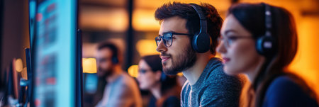 A diverse group of individuals work intently at their computer screens in a contemporary office setting during the evening.の素材