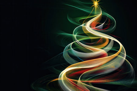 Colorful abstract lines form a striking silhouette of a Christmas tree, enhanced by a bright star at the top, perfect for festive decor.の素材