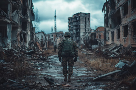 A soldier walks through the devastated streets of a city, surrounded by crumbling buildings and remnants of war, evoking loss and conflict.の素材