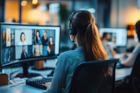 A group of people participate in online meetings at their desks, efficient multiple computer screens for effective communication.の素材