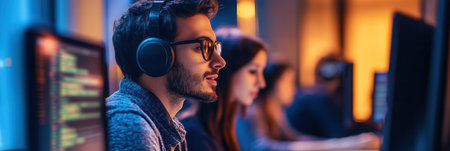 People concentrate on their computer screens, immersed in work while wearing headphones in a modern office environment.の素材