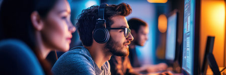 A group of people focuses on their computer screens while wearing headphones in a contemporary setting during the evening.の素材