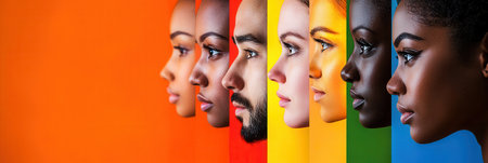 Faces of diverse individuals are lined up side by side, visibly separated by barriers, representing division and societal bias.の素材