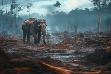 An elephant walks cautiously through a deforested area, surrounded by signs of disappearing wildlife and the threat of extinction.の素材