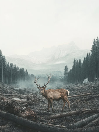 A rare deer stands alone in a devastated forest, surrounded by fallen trees, symbolizing loss of nature and the threat of extinction.の素材