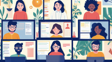 Several people participate in an online conference, each appearing on their own computer screen, amidst a vibrant, plant-filled environment.の素材