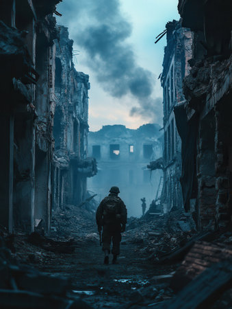 Amidst the remnants of a devastated city, soldiers move cautiously through rubble, surrounded by the ominous presence of smoke and despair.の素材