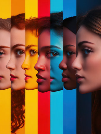 Faces of different ethnicities showcase diversity and biases, separated by colorful barriers, emphasizing their unique identities.の素材