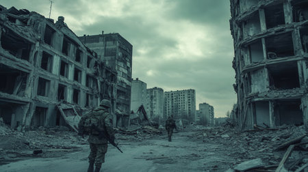 Two soldiers walk through the rubble of a devastated city, surrounded by remnants of war and destruction under a cloudy sky.の素材