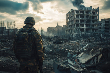 A soldier stands amidst the rubble of destroyed buildings, reflecting on the devastation of a recent conflict under a smoky sky.の素材