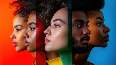 A striking display of diverse faces reveals the contrast of unity and division, highlighting societal biases against different cultures.の素材