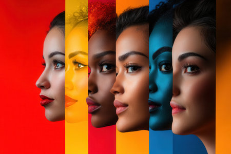 Brightly colored faces are lined up against a barrier, showing the differences and diversity within humanity amidst contrasts.の素材