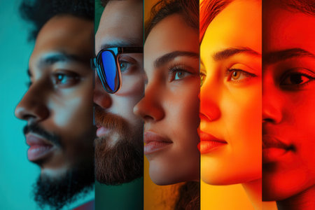 A striking representation of diverse faces separated by a line, highlighting division and emphasizing cultural differences through vibrant colors.の素材